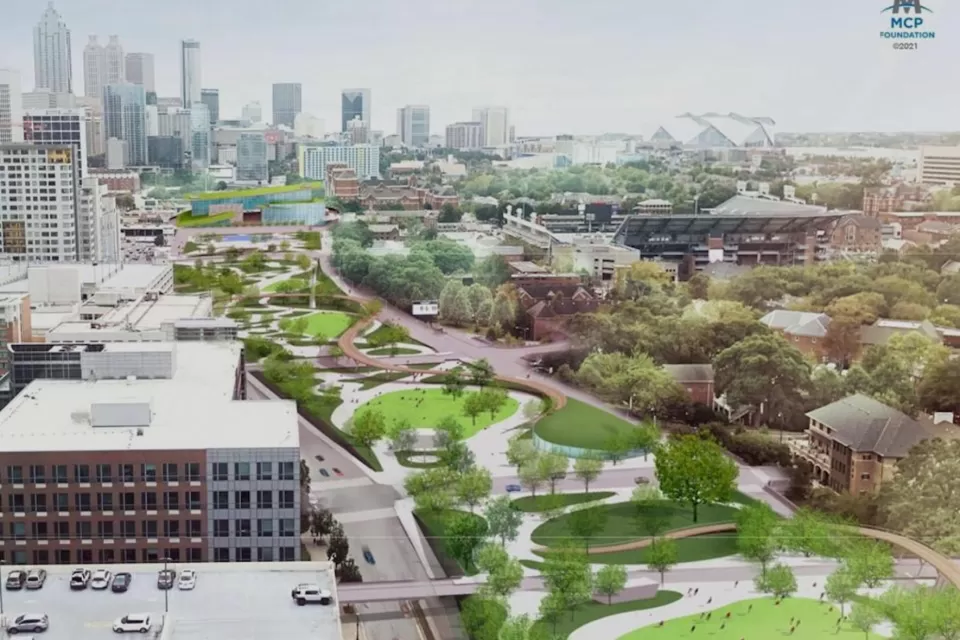 Rendering of Midtown Connector freeway cap park in Atlanta, Georgia